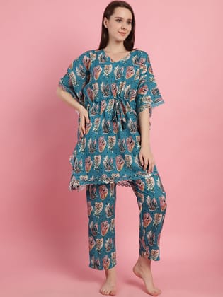FRUITY PRINT WOMEN STUNNING MULTI COLORED GRAPHIC PRINTED CO-ORD SET-M / Teal