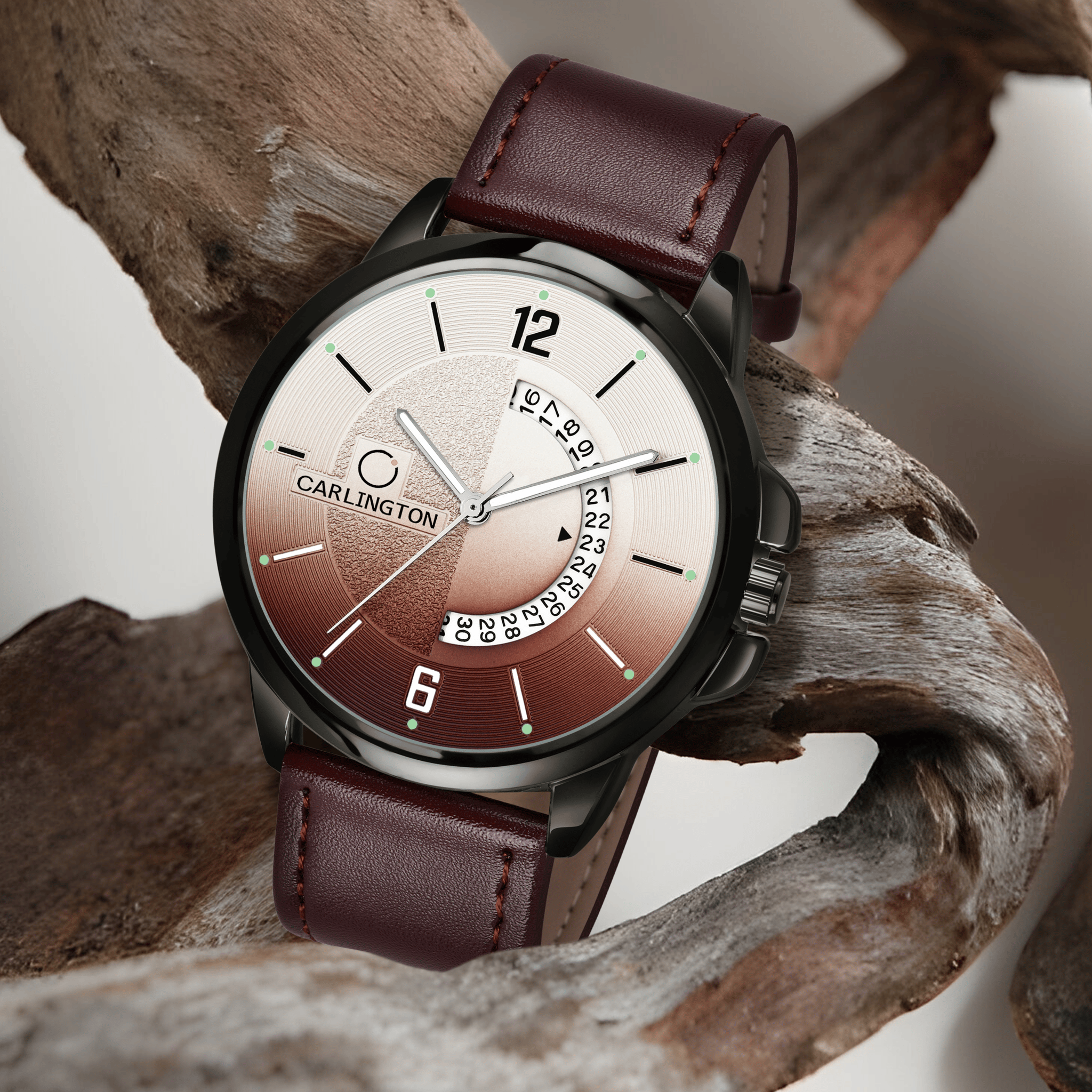 Carlington Elite Gents Water Resistant Genuine Leather Strap With Date Display-Brown