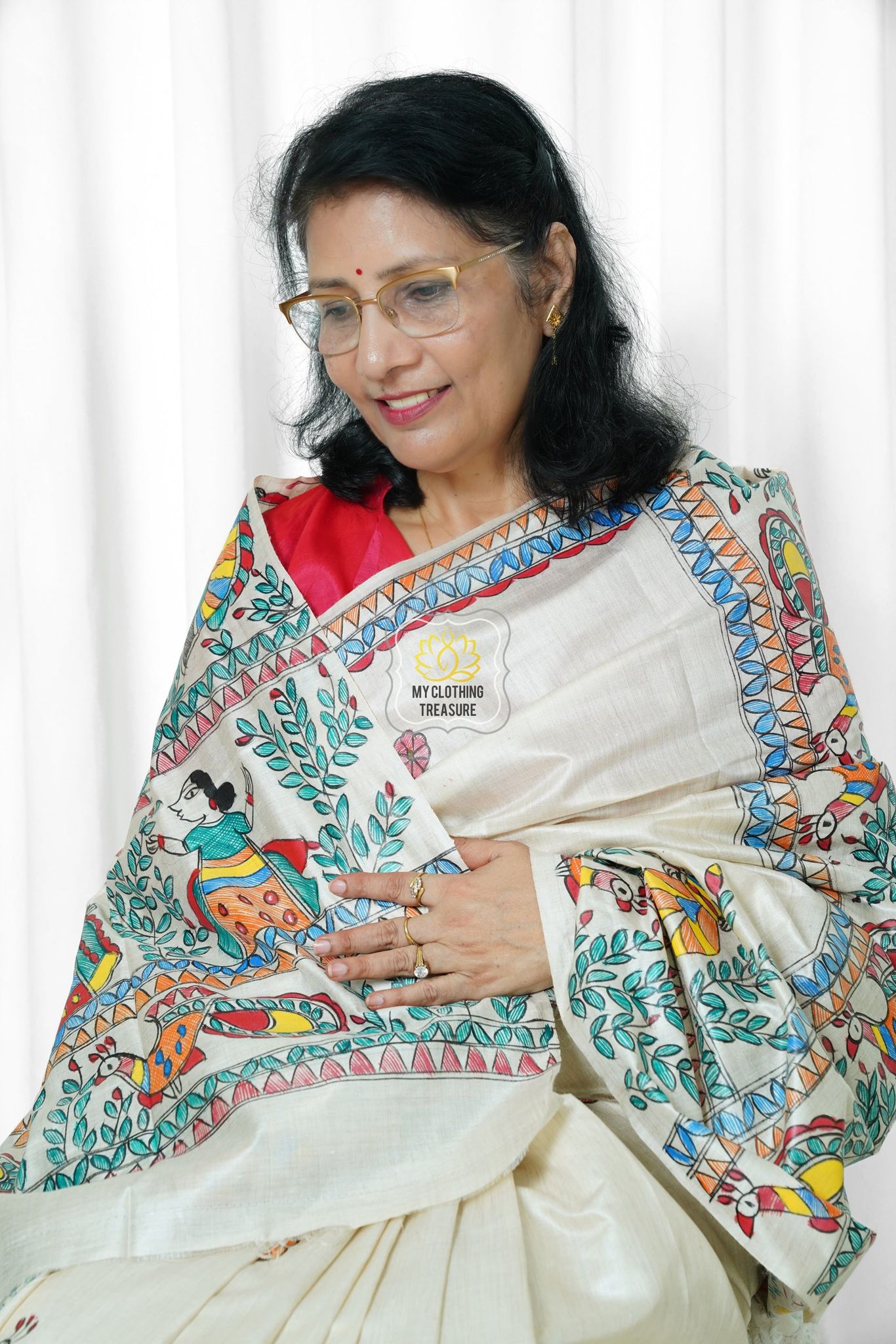 Pure Tussar Silk Madhubani Hand Painted Saree - Natural Tussar