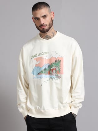 Men Printed Oversized Sweatshirt Pure Cotton Full Sleeve Off white-XS / White
