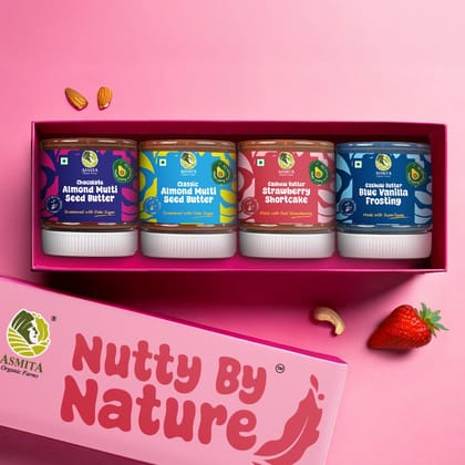 Asmita Organic Farms Nut Butter Tasting Pack – 4 Flavors (Classic Almond, Chocolate, Strawberry Shortcake, Blue Vanilla Frosting) | Date Sweetened, Vegan & Protein-Rich | Multi-Seeds & Avocado Oil | 100g Each