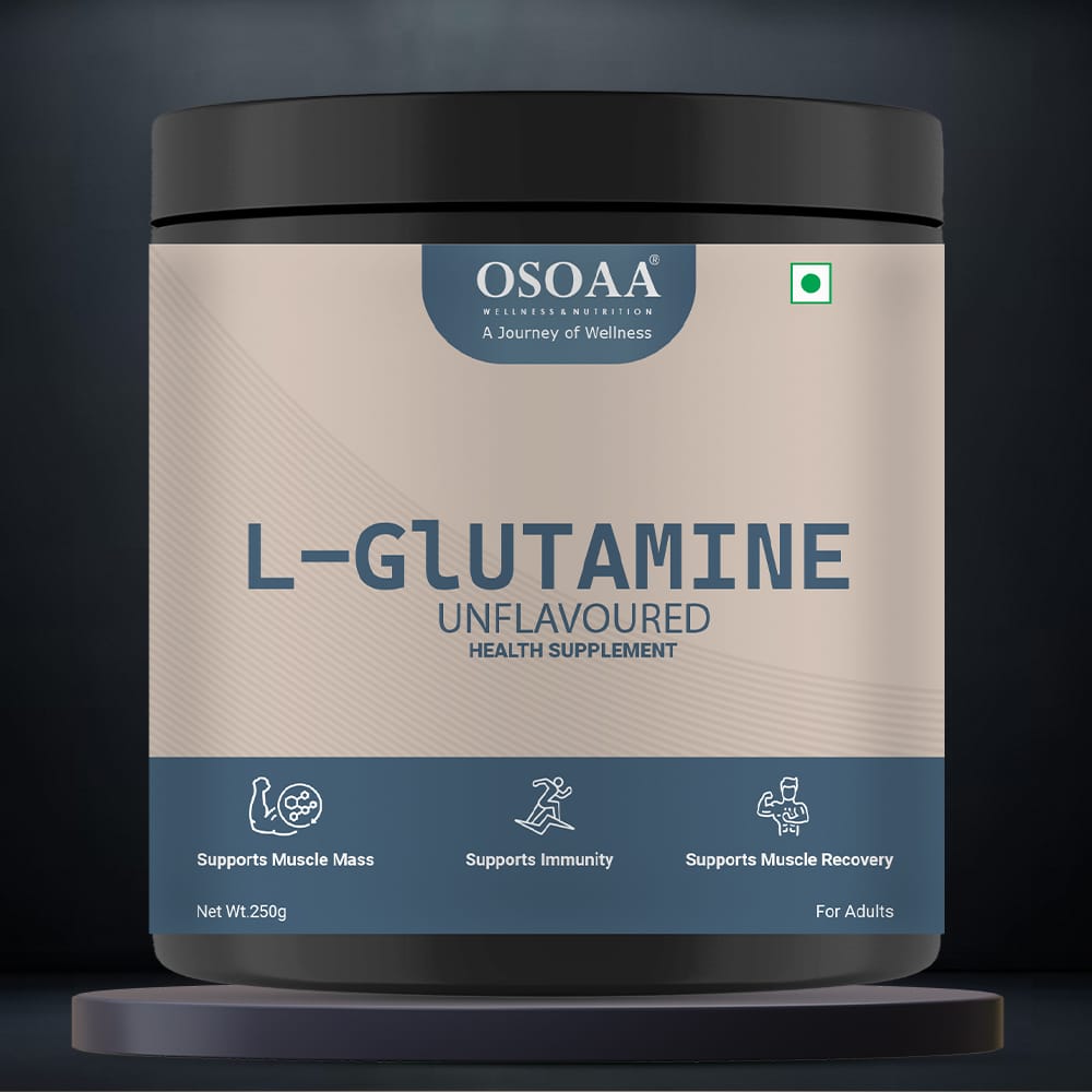 OSOAA Pure L-Glutamine Muscle Growth & Recovery Supplement 250gm Unflavoured, Post Workout Recovery, Men & Women, 50 Serving