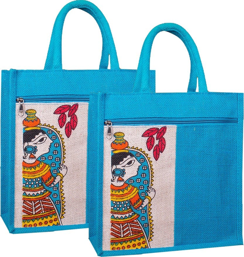 SS Eco-Life Eco-Friendly Jute Multi-Purpose Bag – Ideal for Lunch, Tiffin, Tote, Grocery, Picnic & Shopping (28cm x 28cm x 12cm) Multicolour. Pack of 2.
