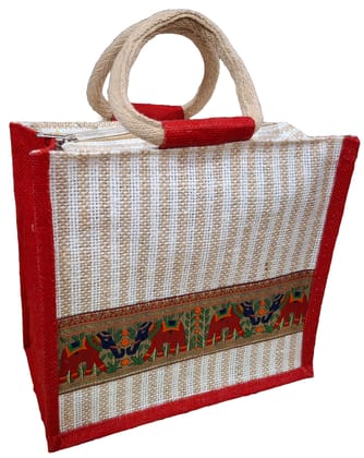 SS Eco-Life Ethnic Elephant Jute Bag – Stylish, Durable & Eco-Friendly! For Mini Shopping, Temple Visit, Even For Gifting. Crimson Red.