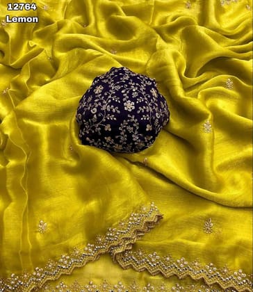 Lemon Yellow Pure Silk Saree With Heavy Embroidery Work And Stone Work Online
