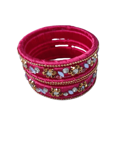 Pink Silk Thread Bangle Set with Stone and Pearl Embellishment