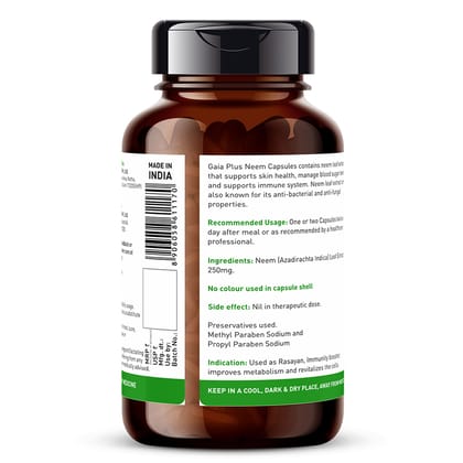 Gaia Neem Capsules| Anti-Bacterial, Anti-Fungal, 100% Natural Blood Purifier | Fights Against Acne | Made from Pure Neem Leaf Powder | Cooling Agent | 60 Capsules