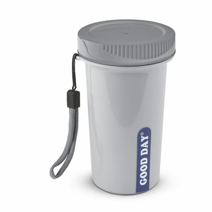 Good Day Easy Meal Tumbler with Strap & Inner Steel Glass, Reusable Travel Mug,Perfect for Coffee, Tea, and Juices , Grey