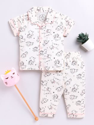 Cream Kitty Print Half Sleeve Night Suit-6-9 m