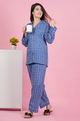 Charming Blue and White Stripe Print Katha Thread Work Full Sleeve Pyjama Set-S / Blue / 100% Cotton