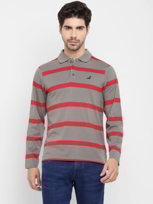 Men's Polo Collar Full Sleeves Yarn Dyed Striped T-Shirt - Grey / Red-Large / Yellow