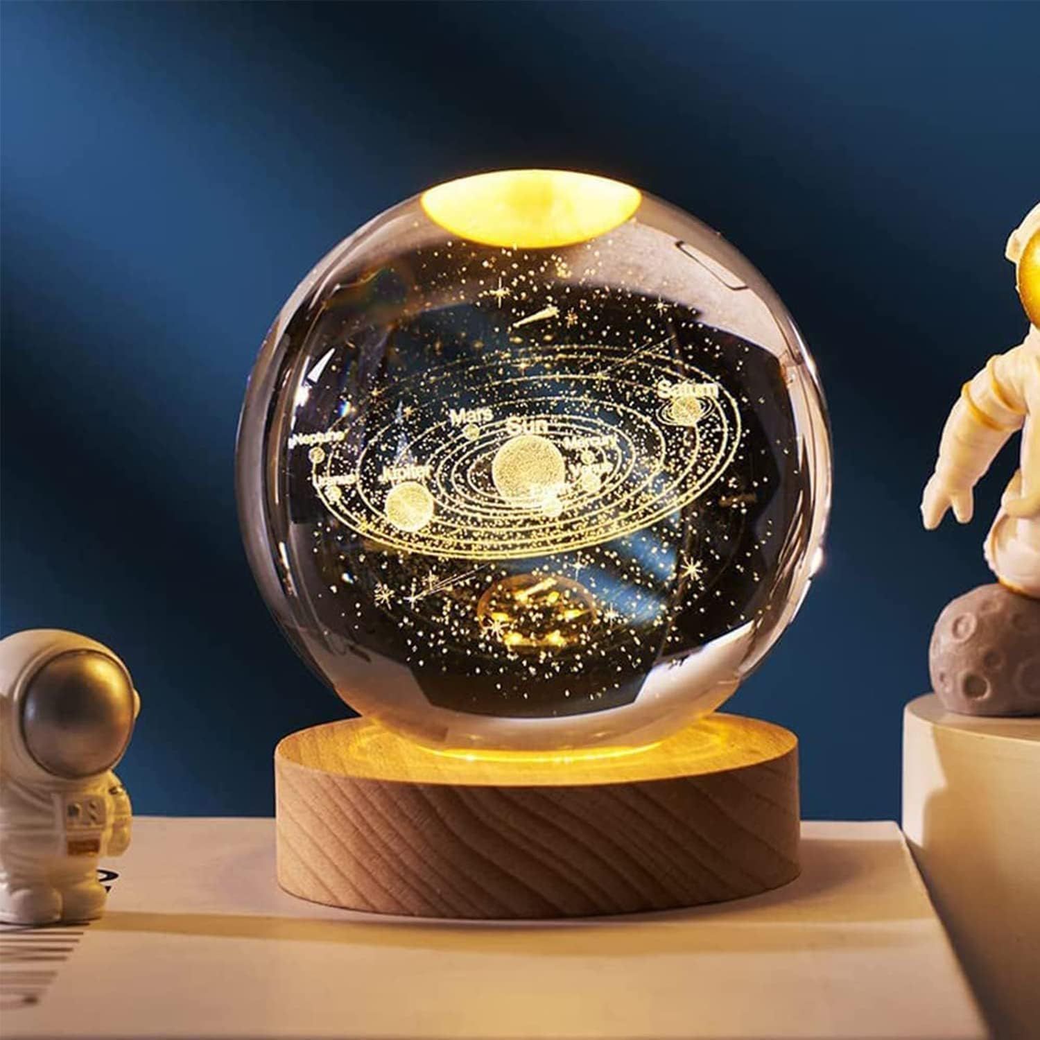 Artistic Gifts 3D Crystal Ball Night Light | Dimmable Engraved LED Glass Ball Table Lamp with USB and Wooden Base for Home Decor, Office, Birthday Gift, Housewarming & Kids Bedroom. (Star Galaxy)