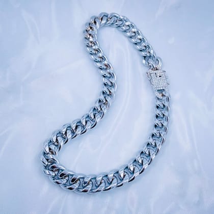 Hip Hop Iced Out Alloy Cuban Curb Silver Rhinestone Studded Chunky Necklace Chain 18" Men-SILVER
