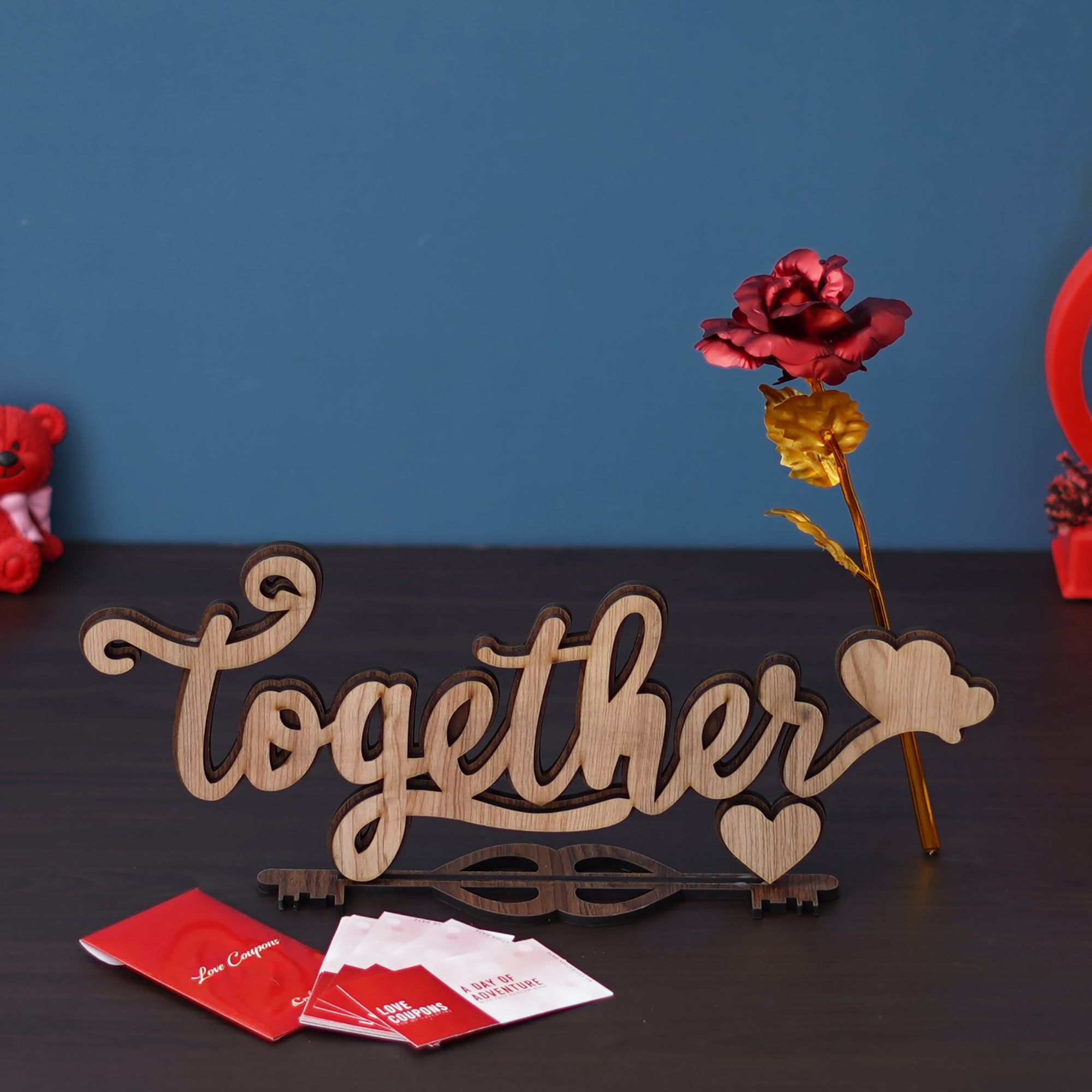 Valentine Combo of Pack of 12 Love Coupons Gift Cards Set, Golden Red Rose Gift Set, Heart Couple Kissing Wooden Brown Showpiece With Stand