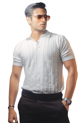 White Knitted Polo T-Shirt-M