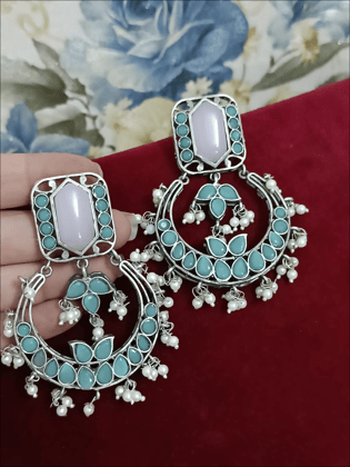 Stoned Chand Baliyan Earrings-Gray +Gulf Stream