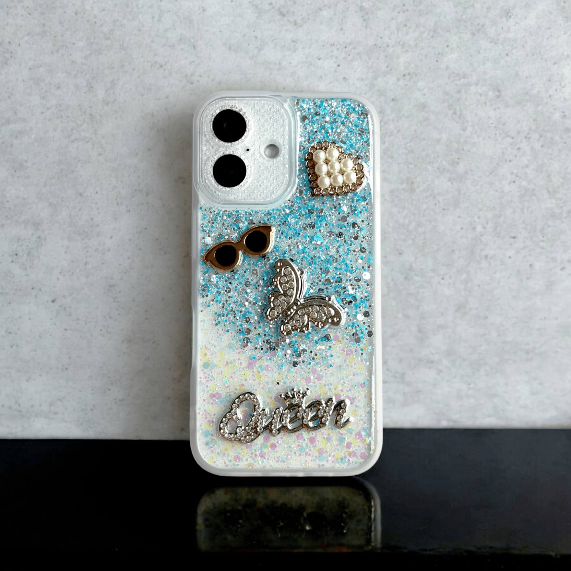 Blue & White Glitter Queen Luxe Bling Case-iPhone 16