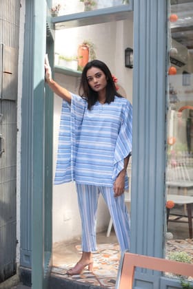 Women Blue and White Striped Kaftan & Pyjama Set-XL