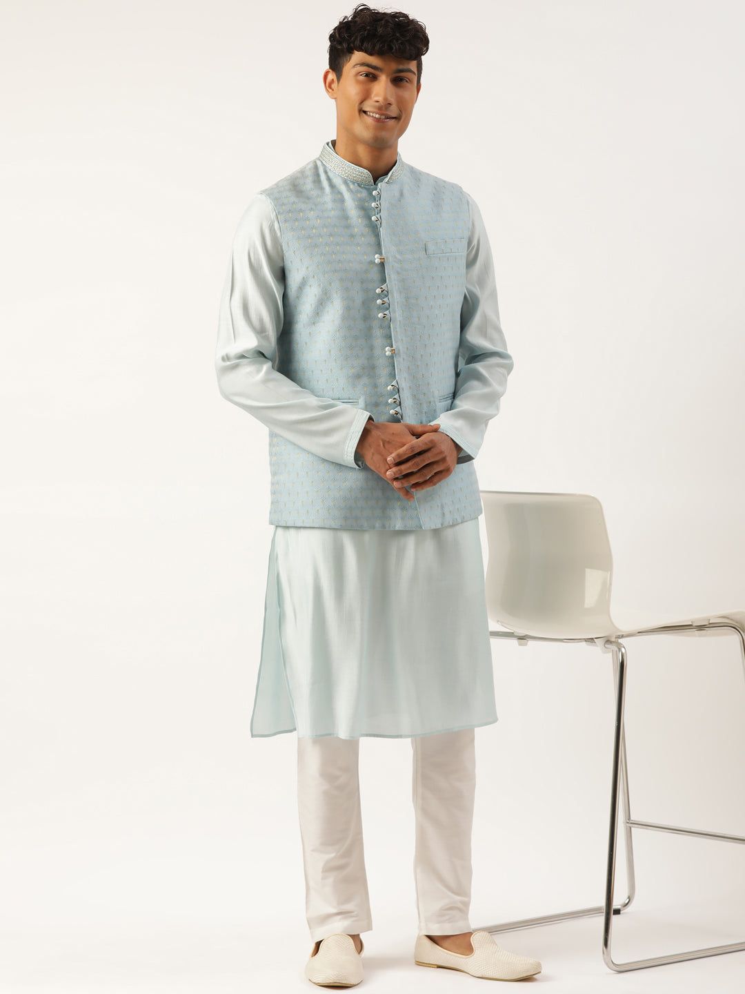 Light Blue Banarasi Jacquard Jacket with Kurta Set-XS/36 / Pant Pajama Set