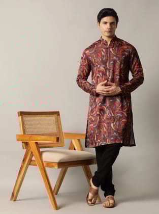 Red & Grey Multi Printed Kurta For Men-38 / Grey / Silk Blend
