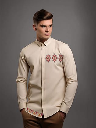 Cream Conversational Printed Casual Shirt-DESERTSAND / S