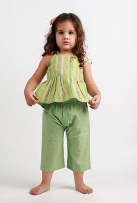 Set Of 2: Green Striped top and Green Pant-1-2Y