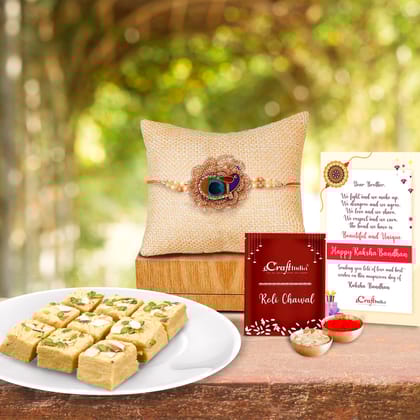Designer Peacock Rakhi with Soan Papdi (500 Gm) and Roli Chawal Pack, Best Wishes Greeting Card