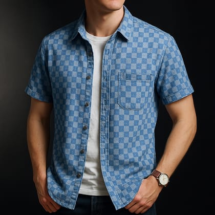 Stylish Checkered Short Sleeve Shirt-M/40 / Sky Blue