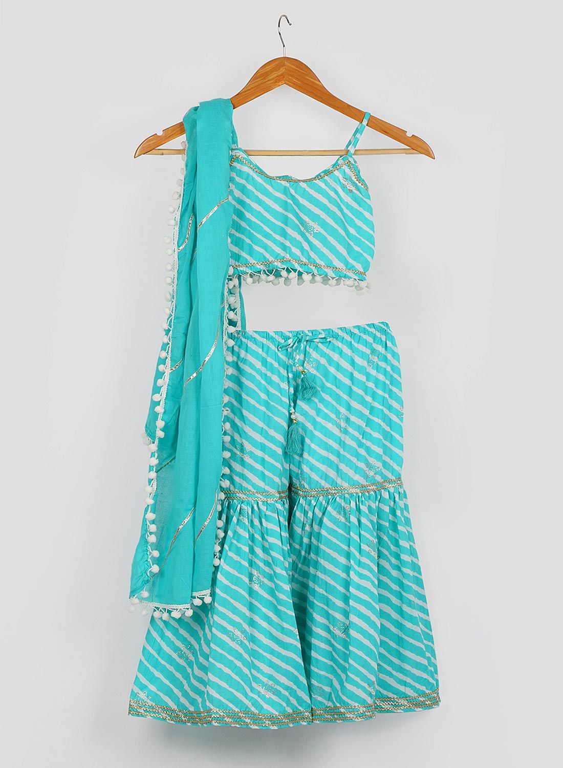 Kids Sea Blue Leheriya Handblock Sharara Set-5-6 Y