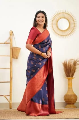 Woven Kanjivaram Jacquard, Pure Silk Saree  (Dark Blue)