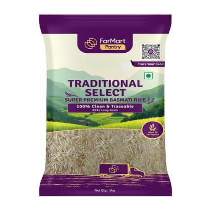 FarMart Pantry Traditional Select Super Premium Basmati Rice (5kg) | XXXL Long Grain, Aged upto 1.5 Years | Aromatic, Fluffy & Non-Sticky | Ideal for Biryani & Pulao