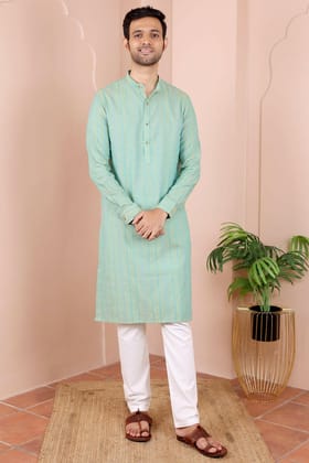 Green Dobby South Cotton  Men Long Kurta Full Sleeves MLKFS082310-M