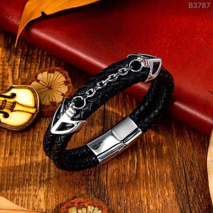 Braided Stainless Steel Black Leather Wrist Band Strand Dual Arrow Layer Bracelet For Men-Silver