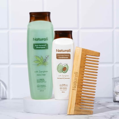 Naturali Anti-Dandruff Shampoo + Damage Repair Conditioner + Wooden Neem Comb-370ml+180ml+1piece