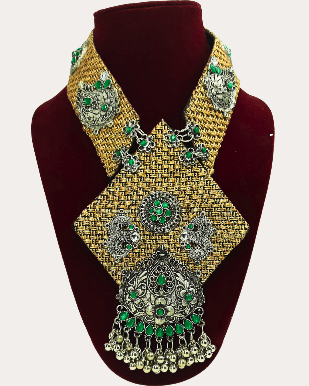 Handcrafted Oxidized Long Necklace-Emerald green