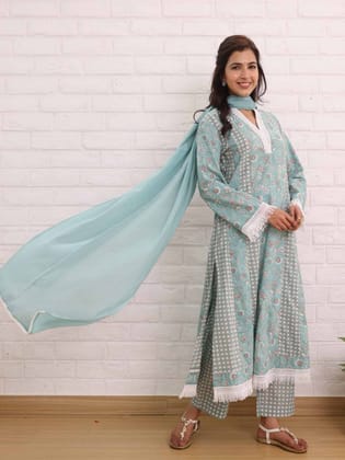 Tranquil Teal Cotton Dupatta Set-S