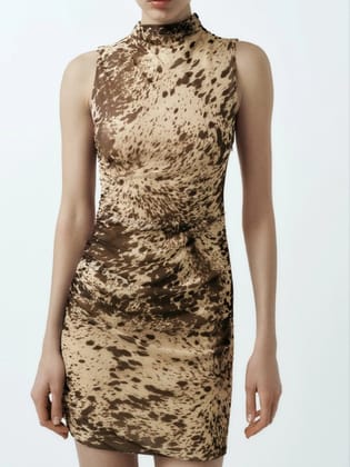 Animal Print Short Mesh Tulle Dress-S / BROWN