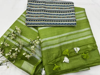 Beautiful Cotton Linen Saree With Printed Cotton Blouse