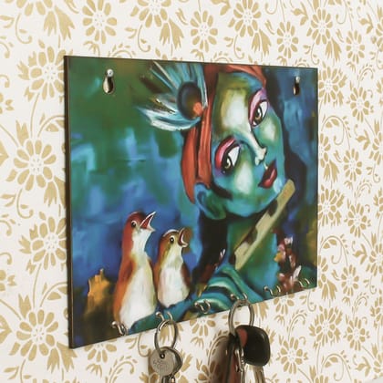 Shree Krishna Theme Wooden Key Holder With 6 Hooks