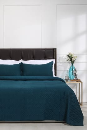 Emily Geometric Teal Quilted Cotton Bedcover-Double: 90 x 108 in / Blue / Blue