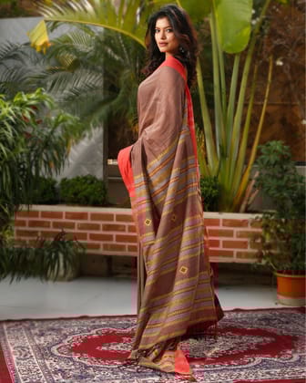 Pure Cotton Handloom Saree Plain Body Martini Brown