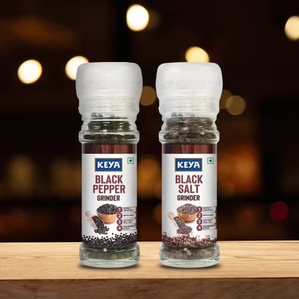 Keya Grinder Combo Pack – Black Pepper Grinder (50g) & Black Salt Grinder (100g) | Convenient Twist-Top Design for Effortless Seasoning, Cooking & Garnishing | Premium Quality, Easy-to-Use Set 