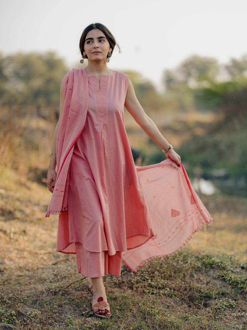 Sugar pink kurta set with jaamdani dupatta-XL