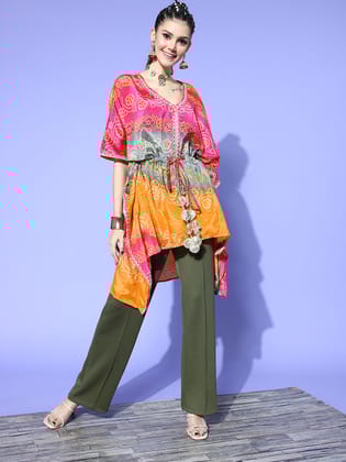 Rang Gali Orange Bandhej Silk Kaftan Kurti-S