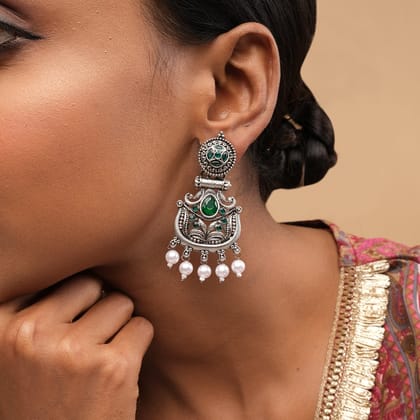 Silver Chandbali Pearl Drop Earrings-Green