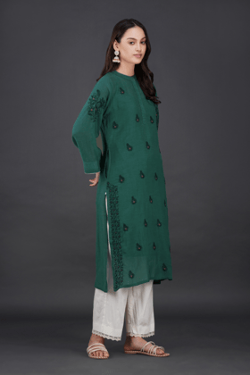 Phae Eilat Cotton Crinkle Midnight  Green Kurta-S