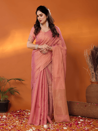Rukmani tissue saree with embroidered blouse-Unstitched