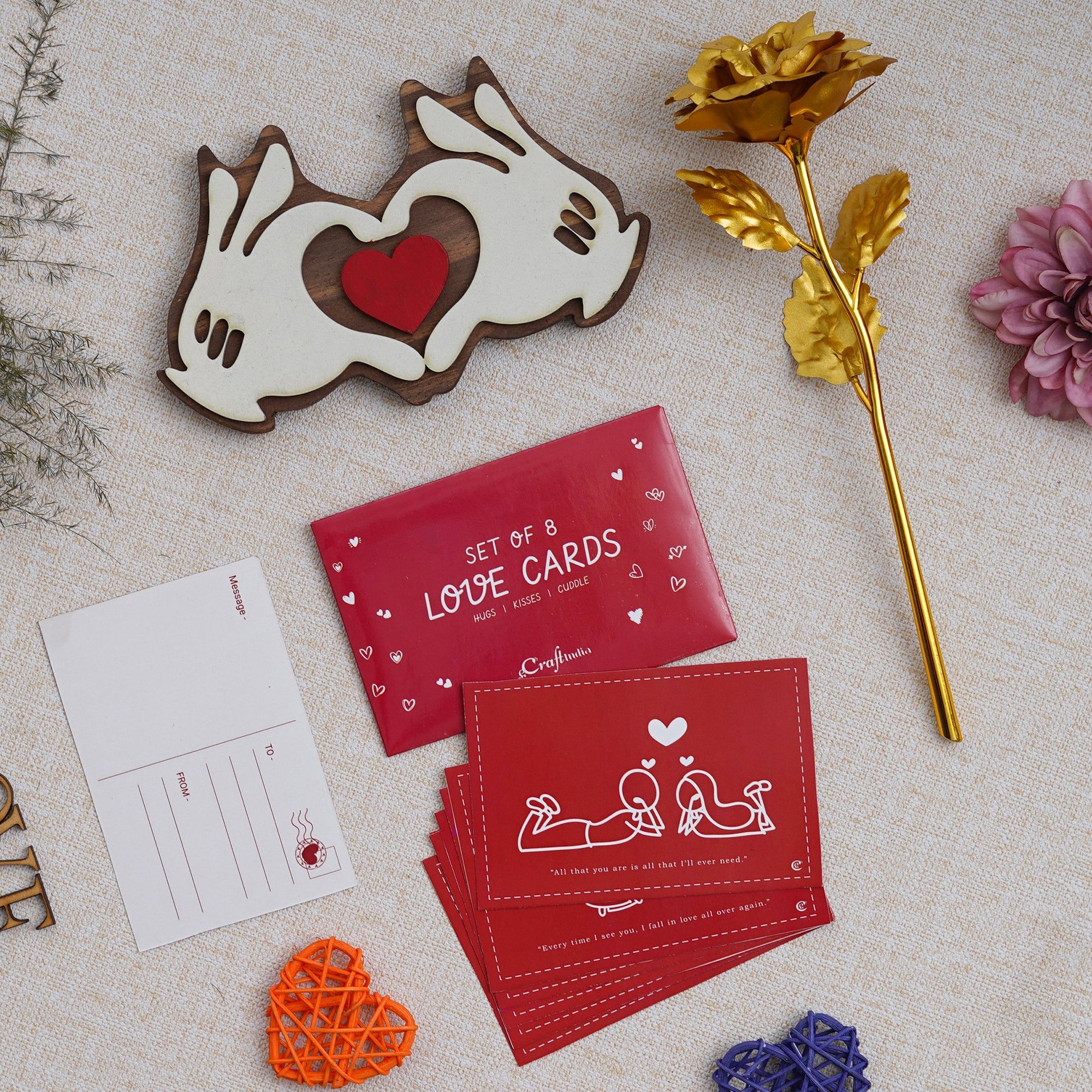 Valentine Combo of Pack of 8 Love Gift Cards, Golden Rose Gift Set, Hands Showcasing Red Heart Gift Set