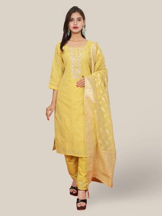 Silk Straight Kurti with Embroidery, Paired with Pant and Dupatta-Mustard Yellow / L