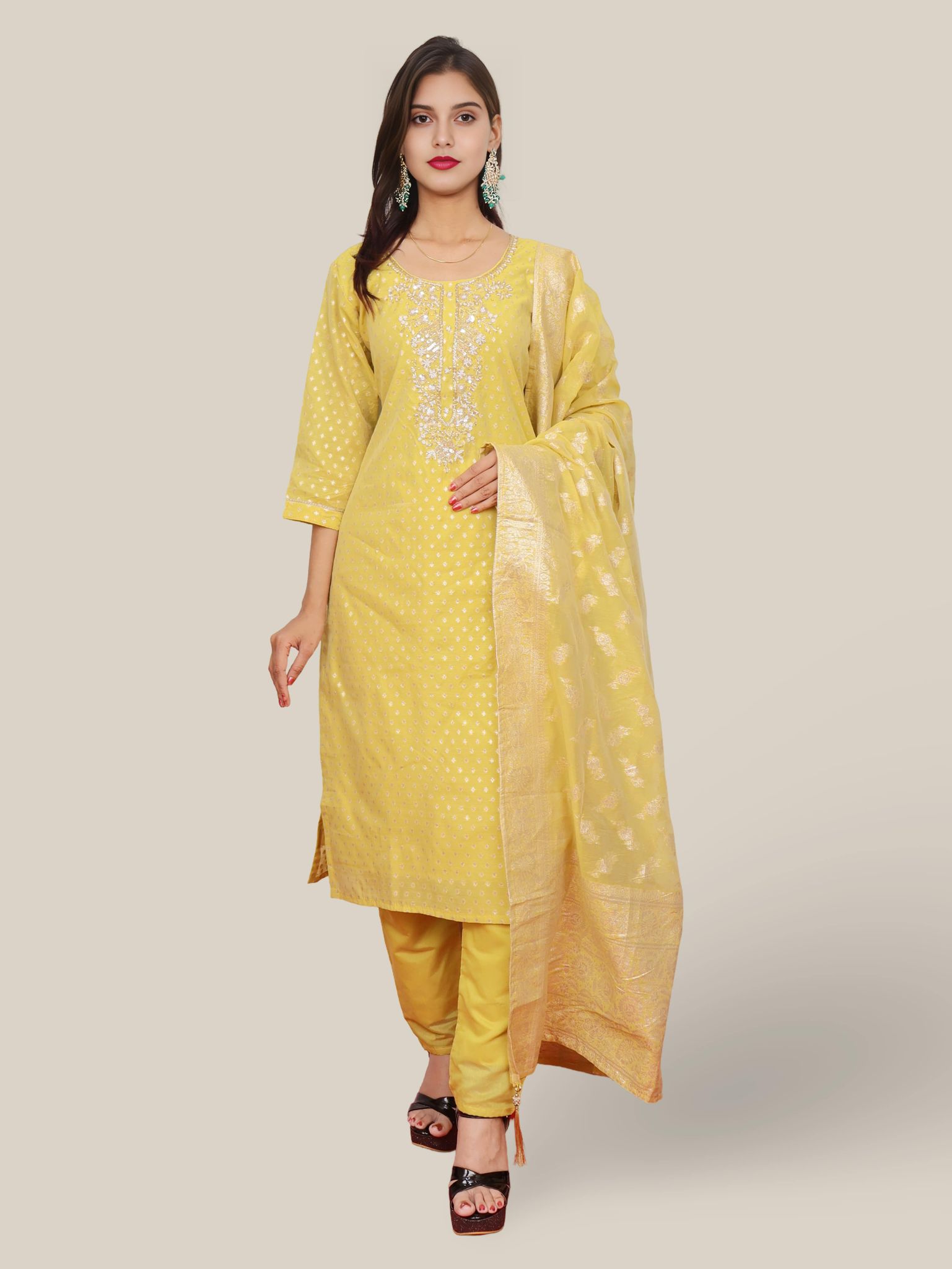 Silk Straight Kurti with Embroidery, Paired with Pant and Dupatta-Mustard Yellow / L